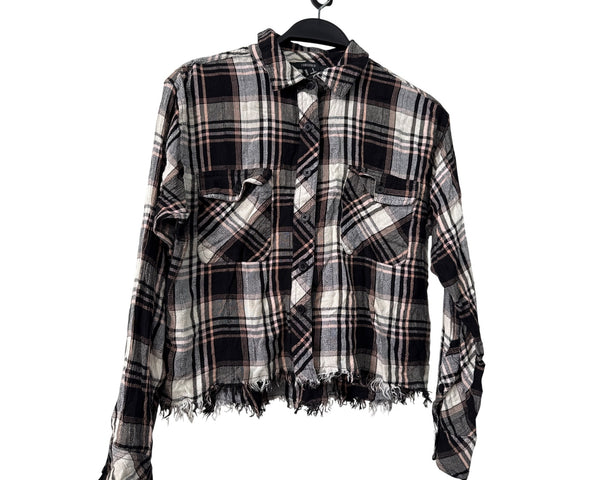 Forever 21 Womens Black Multi Cotton/Polyester Plaid Long Sleeve Frayed Hem Shirt S