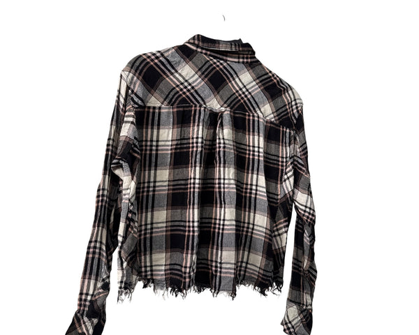 Forever 21 Womens Black Multi Cotton/Polyester Plaid Long Sleeve Frayed Hem Shirt S