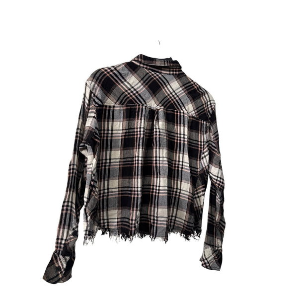 Forever 21 Womens Black Multi Cotton/Polyester Plaid Long Sleeve Frayed Hem Shirt S