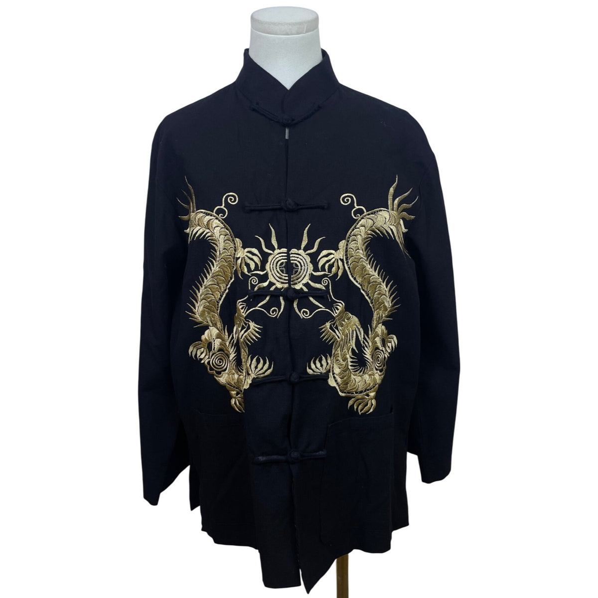 Chinese Dragon Embroidered Jacket Black & Gold Men’s Long Sleeve Size L