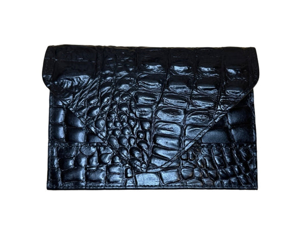 Raika Luxury Women's Black Crocodile Print Leather Envelope calling card case Sz S