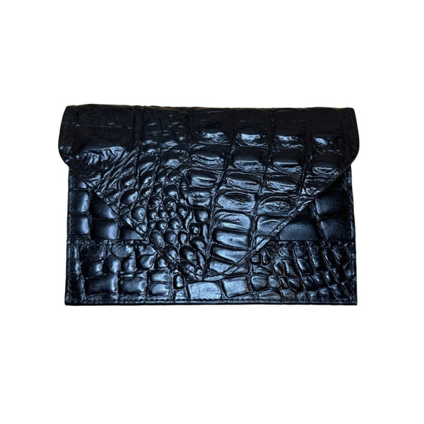 Raika Luxury Women's Black Crocodile Print Leather Envelope calling card case Sz S