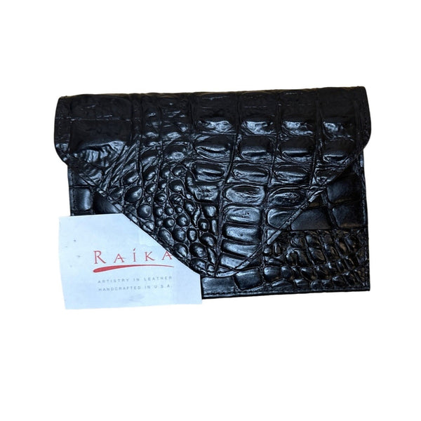 Raika Luxury Women's Black Crocodile Print Leather Envelope calling card case Sz S
