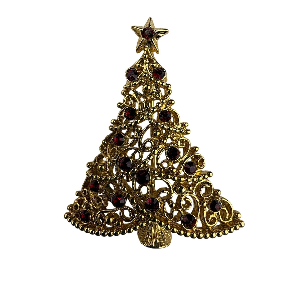 Gold Tone Christmas Tree Brooch Red Rhinestones Holiday Jewelry Vintage Festive Pin