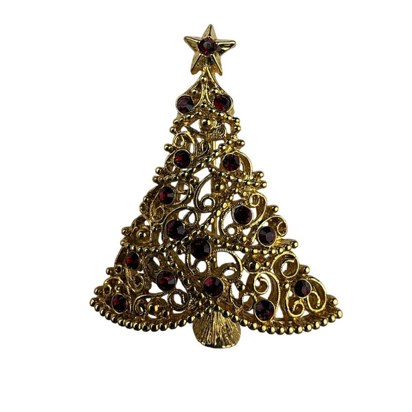Gold Tone Christmas Tree Brooch Red Rhinestones Holiday Jewelry Vintage Festive Pin