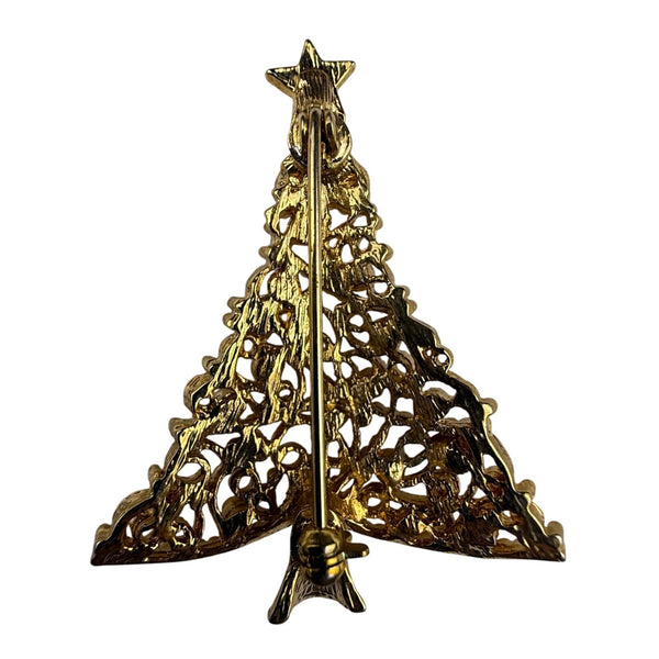 Gold Tone Christmas Tree Brooch Red Rhinestones Holiday Jewelry Vintage Festive Pin