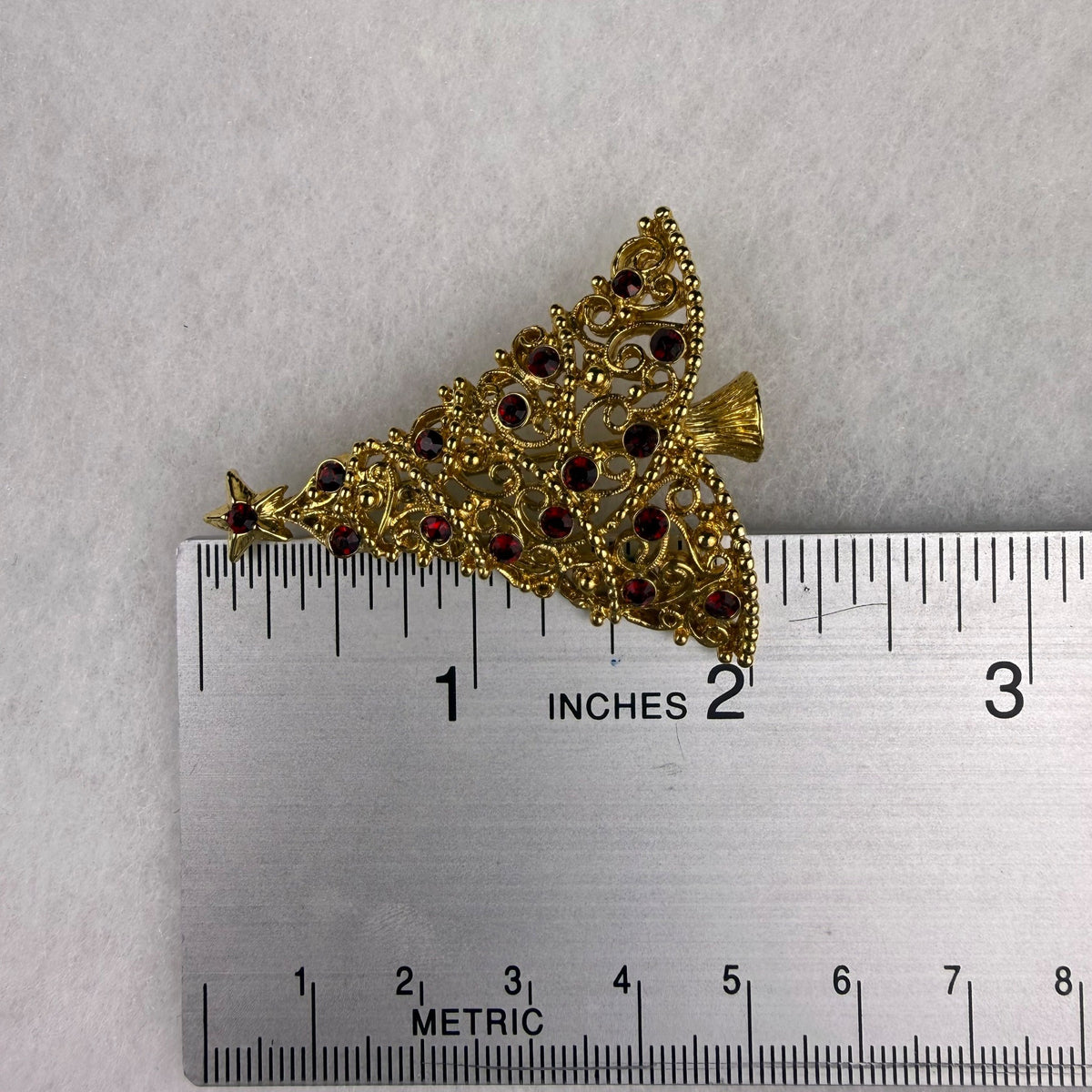 Gold Tone Christmas Tree Brooch Red Rhinestones Holiday Jewelry Vintage Festive Pin