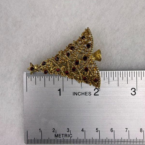 Gold Tone Christmas Tree Brooch Red Rhinestones Holiday Jewelry Vintage Festive Pin