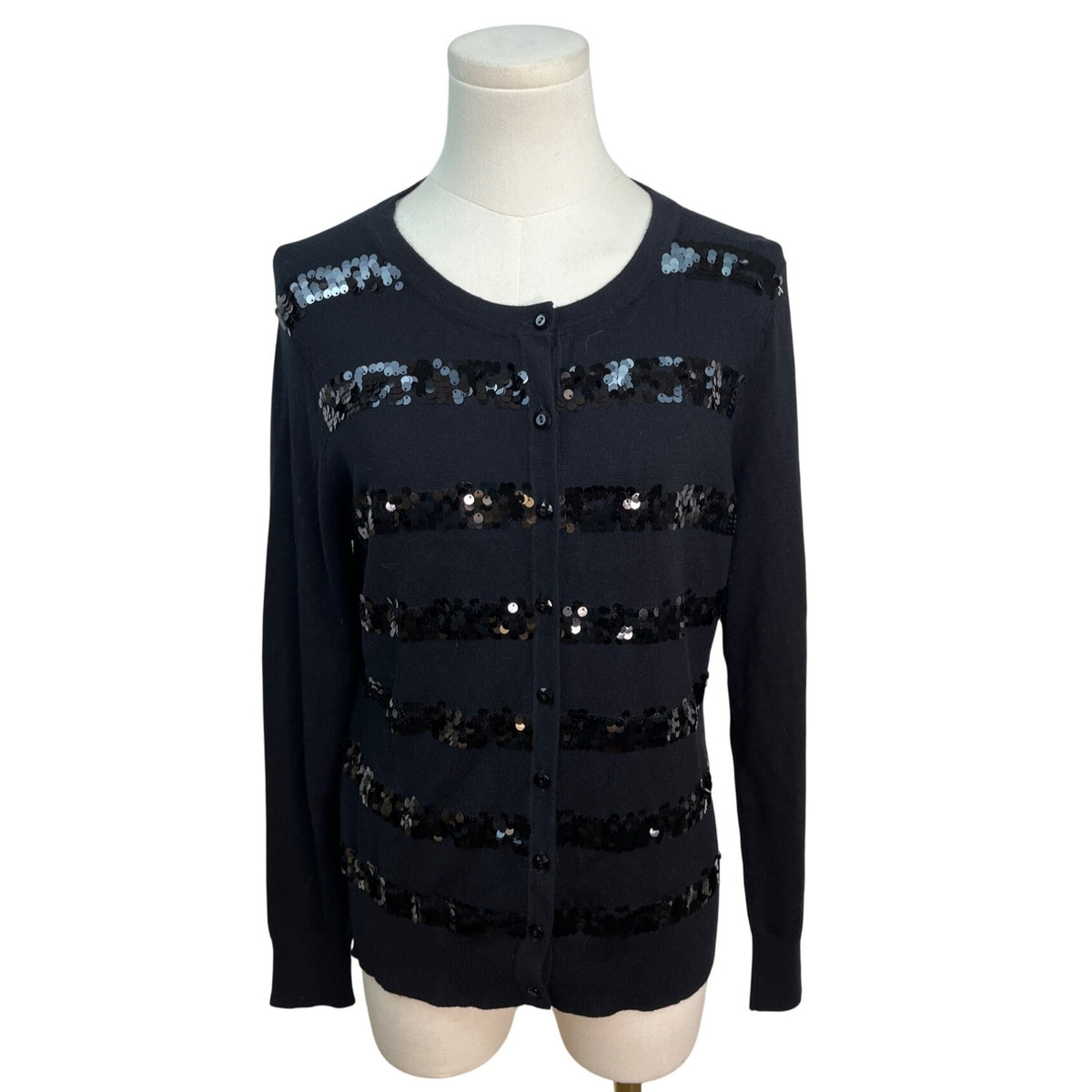 Charter Club Black Sequin Striped Cardigan Sweater Womens Button Up Size S