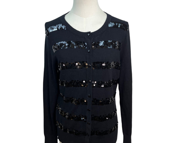 Charter Club Black Sequin Striped Cardigan Sweater Womens Button Up Size S