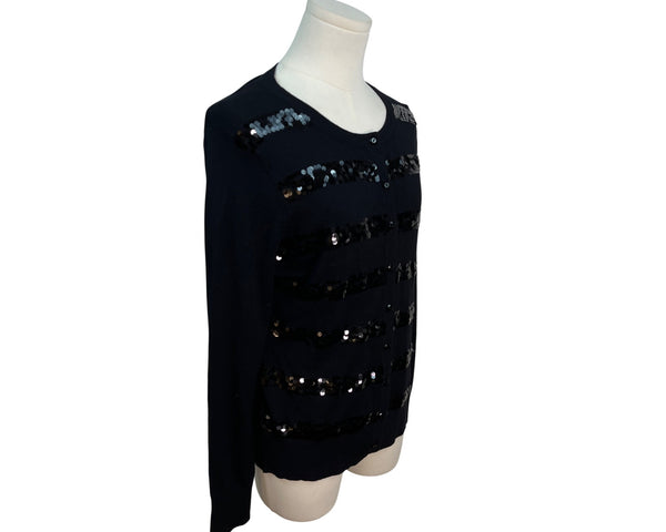 Charter Club Black Sequin Striped Cardigan Sweater Womens Button Up Size S