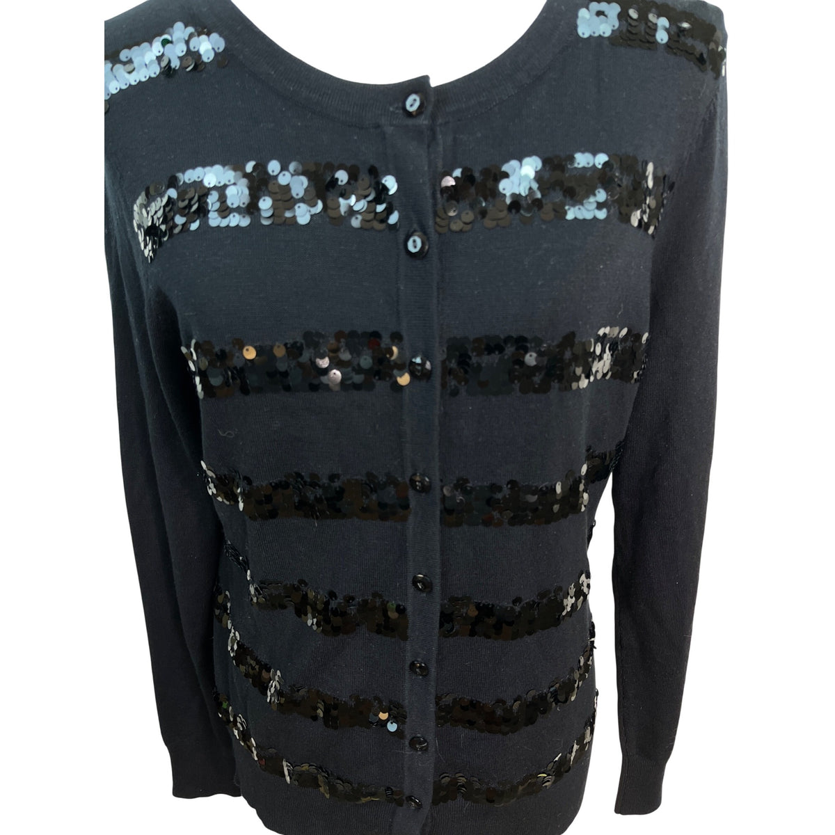 Charter Club Black Sequin Striped Cardigan Sweater Womens Button Up Size S