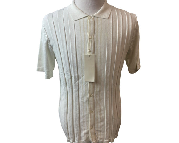 Perry Ellis Mens Ribbed Knit Short Sleeve Button-Up Shirt White Sz L