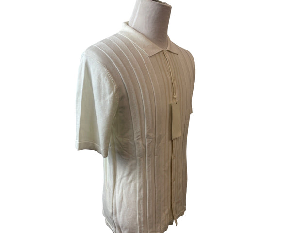 Perry Ellis Mens Ribbed Knit Short Sleeve Button-Up Shirt White Sz L