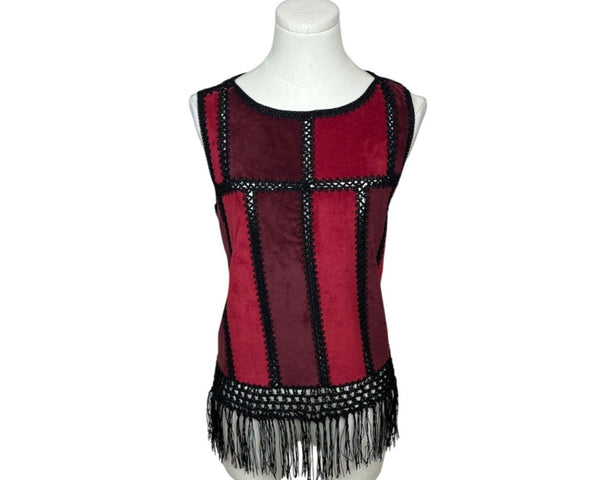Romeo & Juliet Womens Sleeveless Red & Black Patchwork Fringe Shirt Sz M