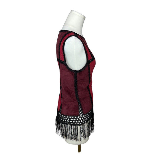 Romeo & Juliet Womens Sleeveless Red & Black Patchwork Fringe Shirt Sz M