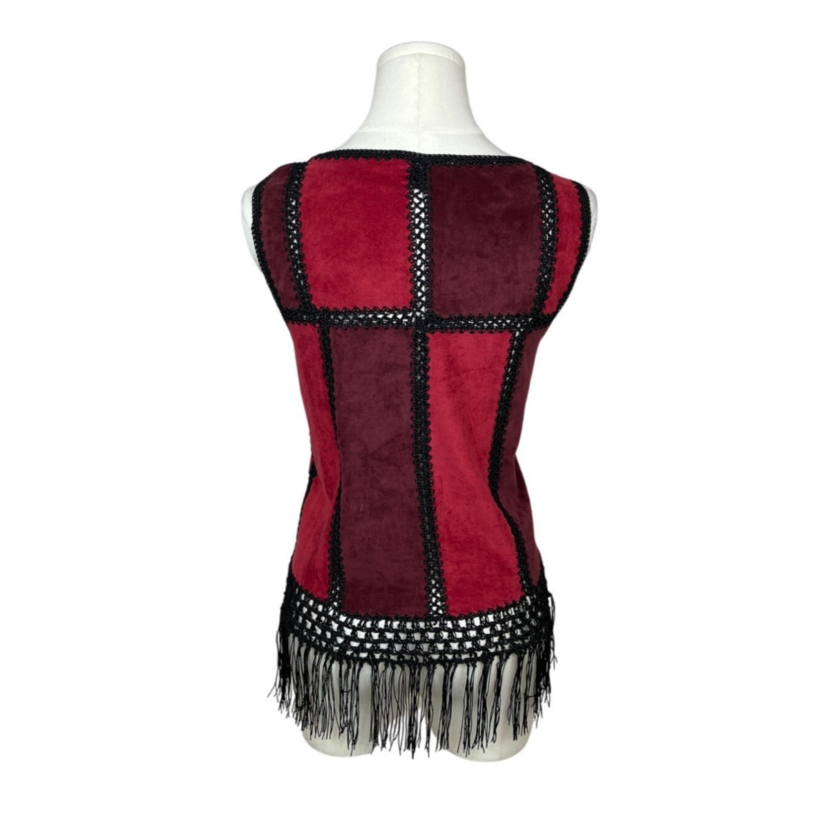 Romeo & Juliet Womens Sleeveless Red & Black Patchwork Fringe Shirt Sz M