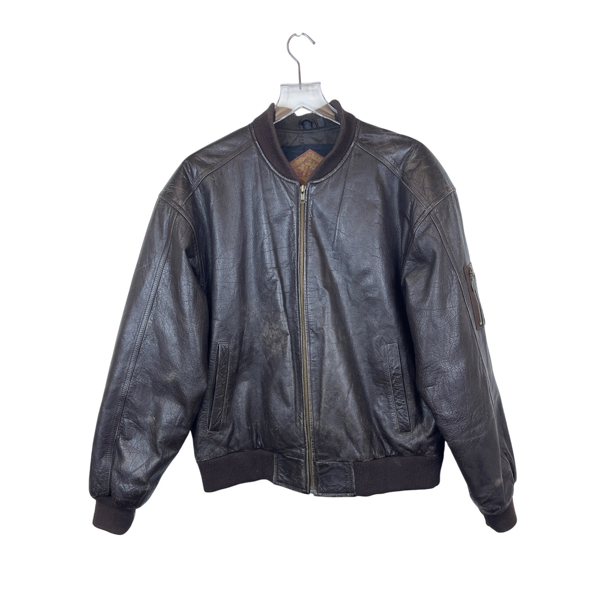 Weekends Mens Brown Leather Bomber Jacket With Ribbed Trim & Zipper Closure Size S