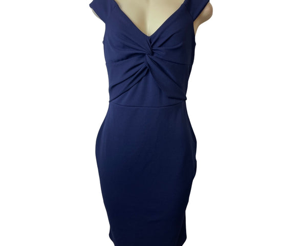 Quiz Navy Blue Off-Shoulder Twist Knot Women's Knee Length Bodycon Dress Sz 14