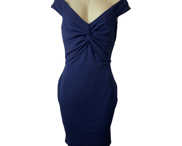 Quiz Navy Blue Off-Shoulder Twist Knot Women's Knee Length Bodycon Dress Sz 14