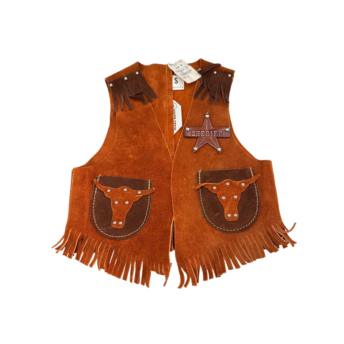 Sheplers Youth Orange Suede Cowboy Vest Brown Leather Western Fringe & Stud Embellishments S