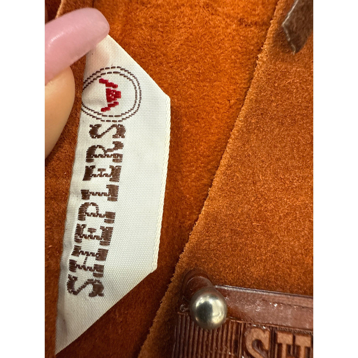 Sheplers Youth Orange Suede Cowboy Vest Brown Leather Western Fringe & Stud Embellishments S