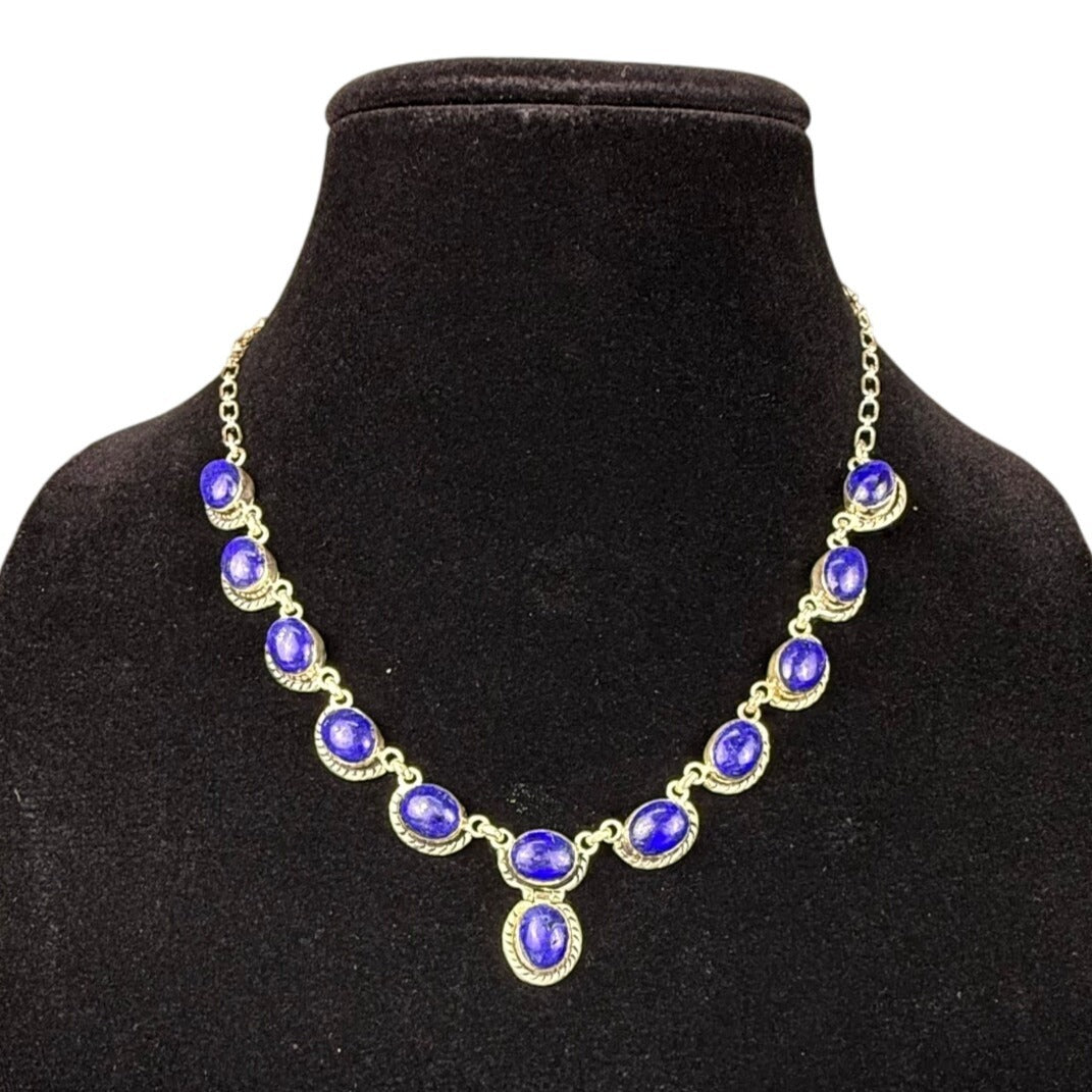 RS Sterling Womens Silver Tone & Blue Stone Necklace Chain Elegant Design