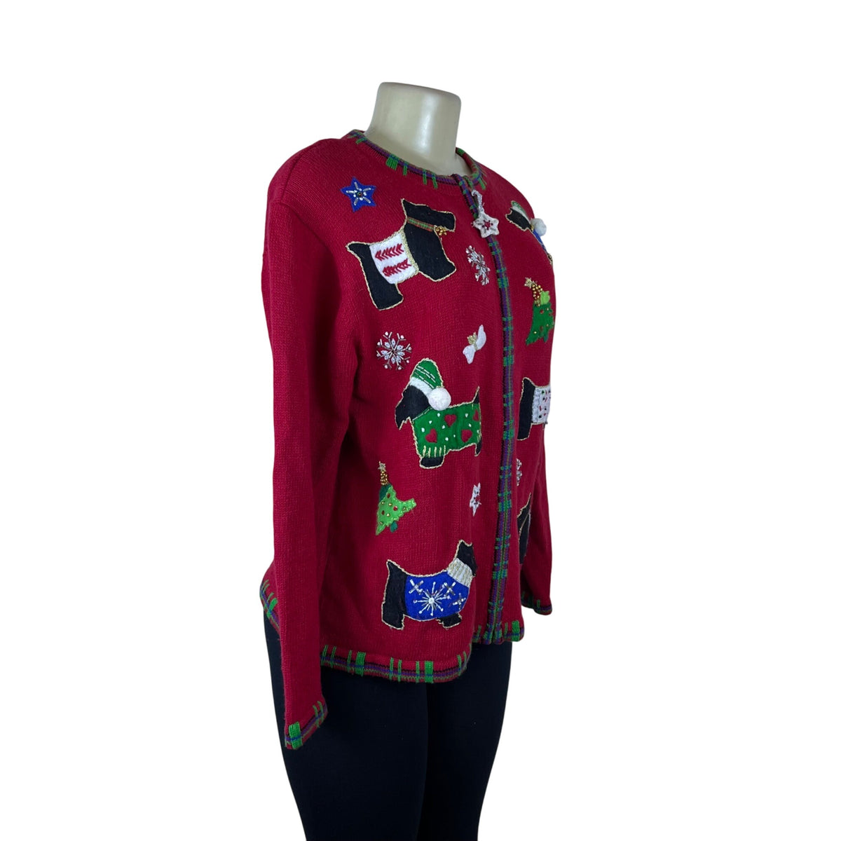Tiara International Women’s Red Cotton/Ramie Christmas Sweater Scottie Dog Sz M