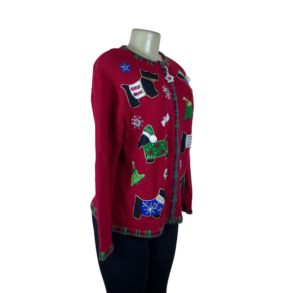 Tiara International Women’s Red Cotton/Ramie Christmas Sweater Scottie Dog Sz M