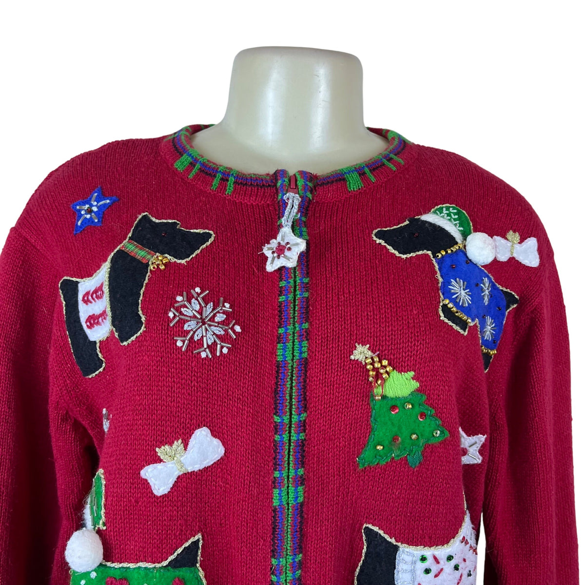 Tiara International Women’s Red Cotton/Ramie Christmas Sweater Scottie Dog Sz M