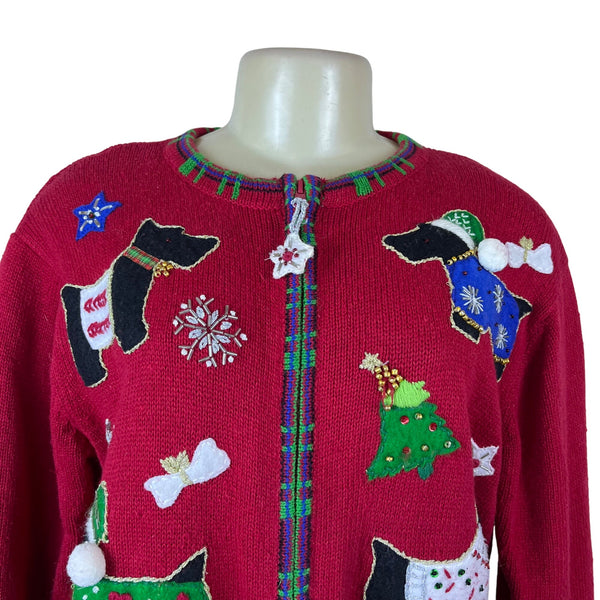 Tiara International Women’s Red Cotton/Ramie Christmas Sweater Scottie Dog Sz M