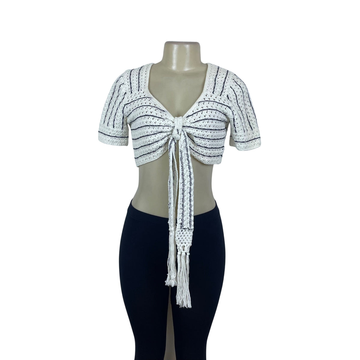 & Other Stories Womens White/Black Crochet Crop Top Tie Front Short Sleeve Sz S