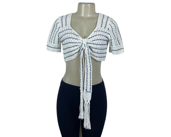 & Other Stories Womens White/Black Crochet Crop Top Tie Front Short Sleeve Sz S