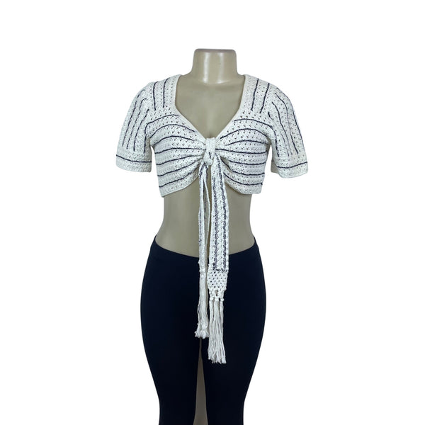 & Other Stories Womens White/Black Crochet Crop Top Tie Front Short Sleeve Sz S