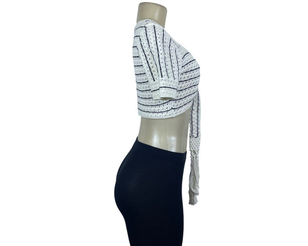 & Other Stories Womens White/Black Crochet Crop Top Tie Front Short Sleeve Sz S