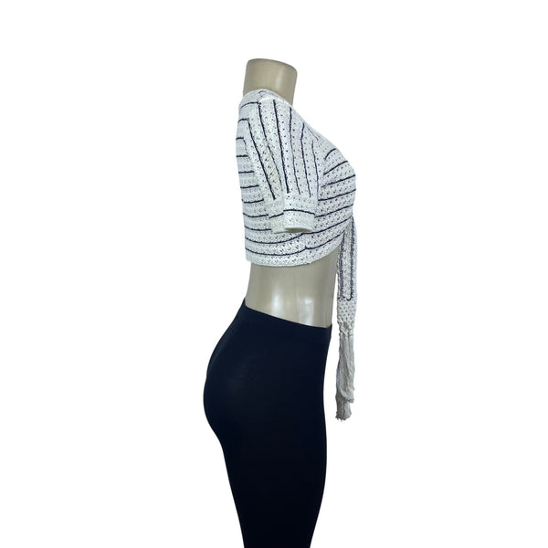 & Other Stories Womens White/Black Crochet Crop Top Tie Front Short Sleeve Sz S
