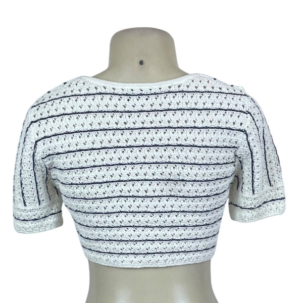 & Other Stories Womens White/Black Crochet Crop Top Tie Front Short Sleeve Sz S