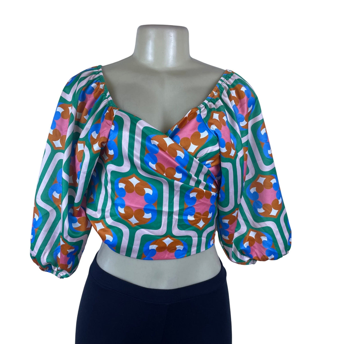 GoodtimesUSA Womens Multicolor Polyester Wrap Blouse With Retro Print Size L