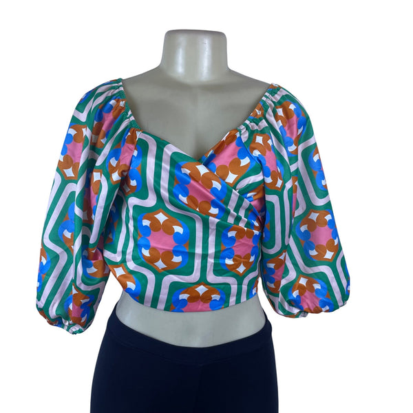 GoodtimesUSA Womens Multicolor Polyester Wrap Blouse With Retro Print Size L