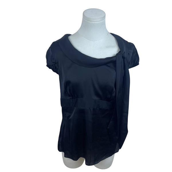 Ann Taylor Loft Womens Black Satin Blouse With Tie Accent Size 8 Chic