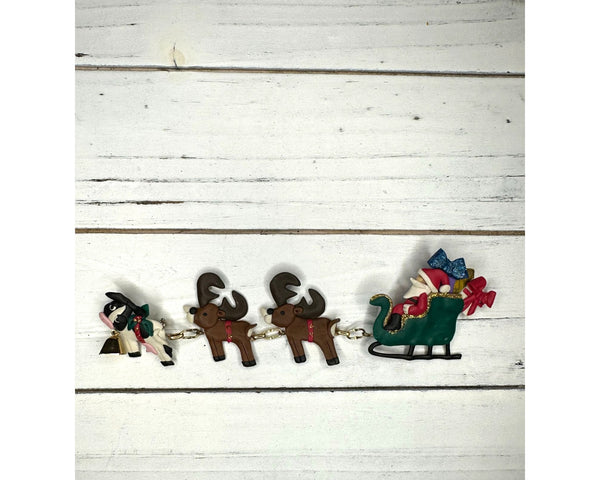 Santa with Reindeers and a Cow Brooch Pin - 6in long