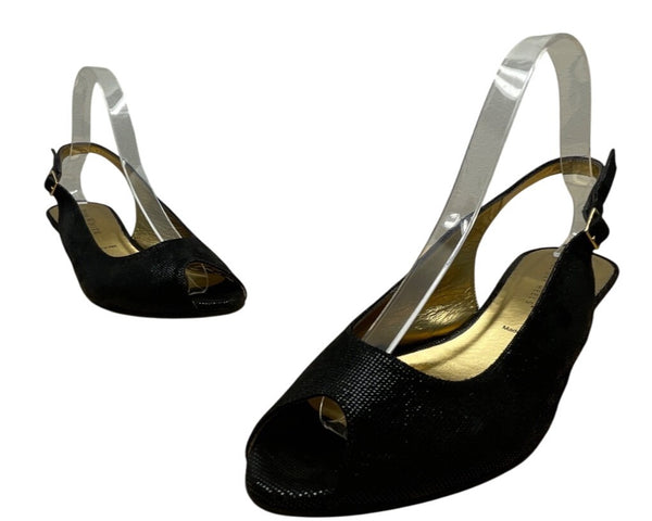 Ron White Elaine Onyx Black Geo Embossed Suede Peep Toe Slingback Wedges Size 40