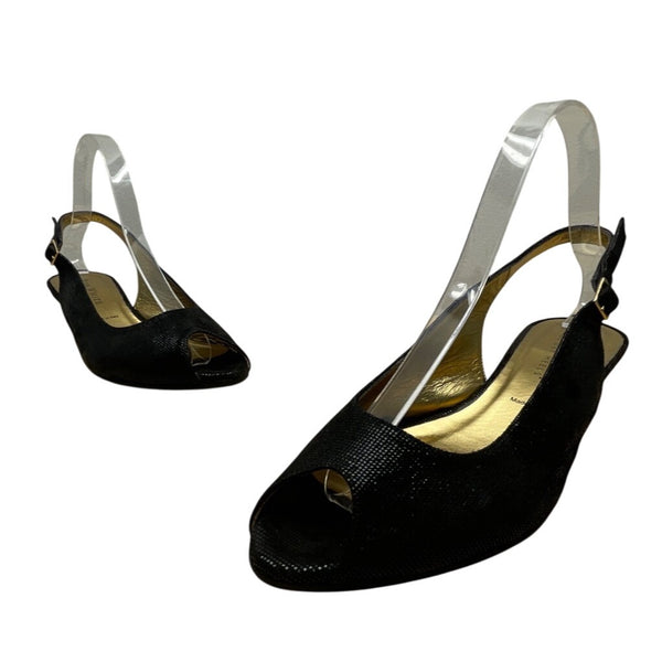 Ron White Elaine Onyx Black Geo Embossed Suede Peep Toe Slingback Wedges Size 40