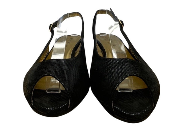 Ron White Elaine Onyx Black Geo Embossed Suede Peep Toe Slingback Wedges Size 40