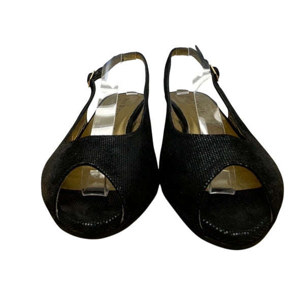 Ron White Elaine Onyx Black Geo Embossed Suede Peep Toe Slingback Wedges Size 40