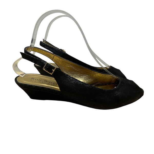 Ron White Elaine Onyx Black Geo Embossed Suede Peep Toe Slingback Wedges Size 40