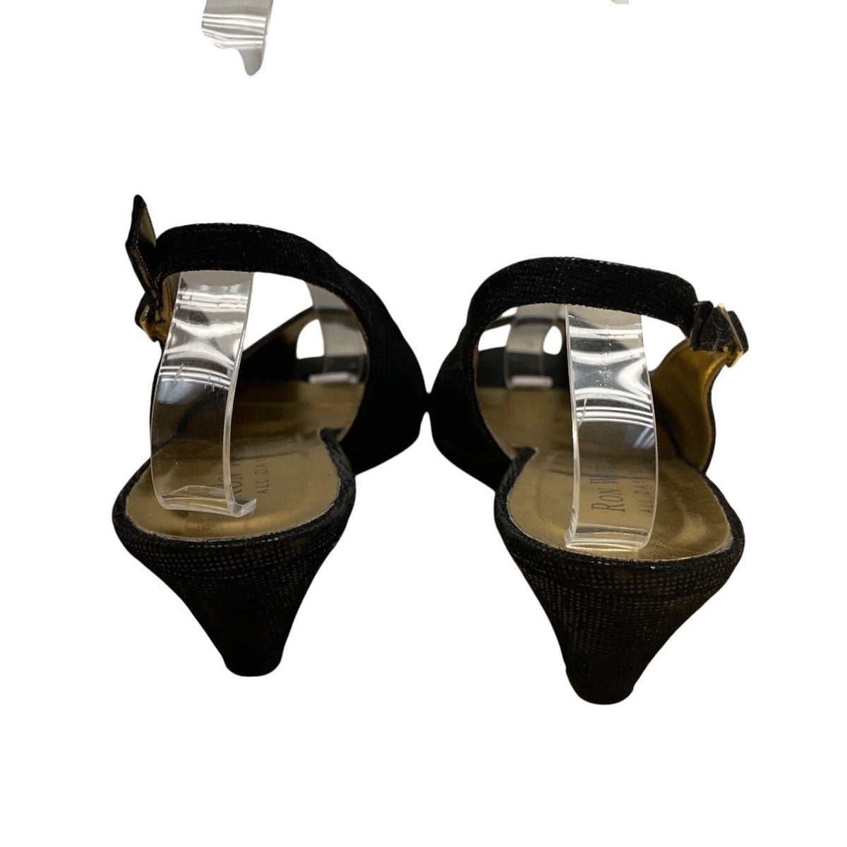 Ron White Elaine Onyx Black Geo Embossed Suede Peep Toe Slingback Wedges Size 40