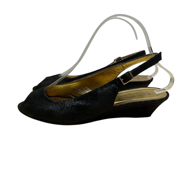 Ron White Elaine Onyx Black Geo Embossed Suede Peep Toe Slingback Wedges Size 40