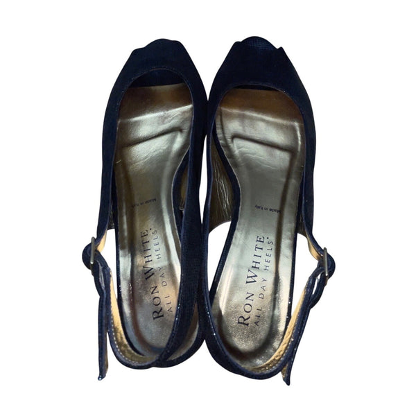 Ron White Elaine Onyx Black Geo Embossed Suede Peep Toe Slingback Wedges Size 40