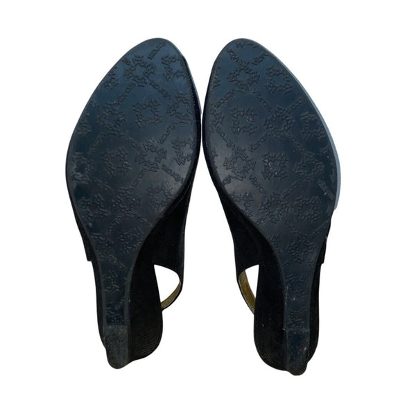 Ron White Elaine Onyx Black Geo Embossed Suede Peep Toe Slingback Wedges Size 40